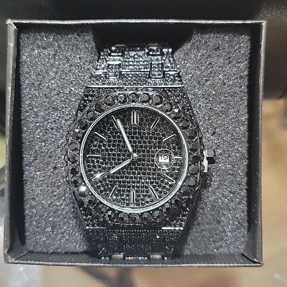 Mens Luxury Full Iced Out Black CZ Hip Hop Blinged-out Watch